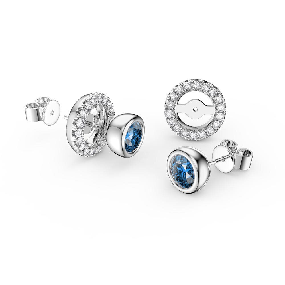 Infinity Blue Topaz and Moissanite Platinum plated Silver Stud Earrings Halo Jacket Set