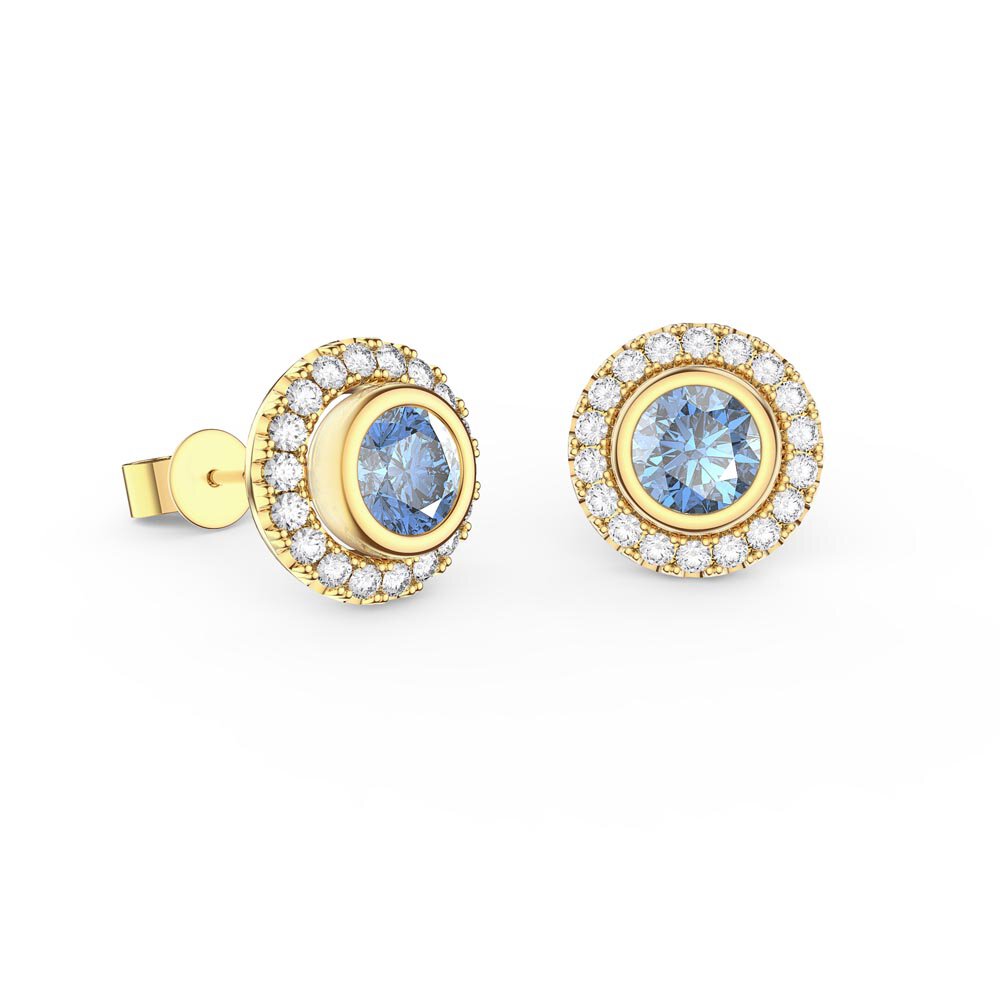 Infinity Blue Topaz and Moissanite 18K Yellow Gold Stud Earrings Halo Jacket Set #2