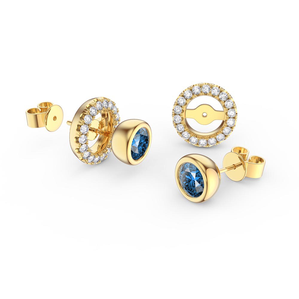 Infinity Blue Topaz and Diamond 18K Yellow Gold Stud Earrings Halo Jacket Set