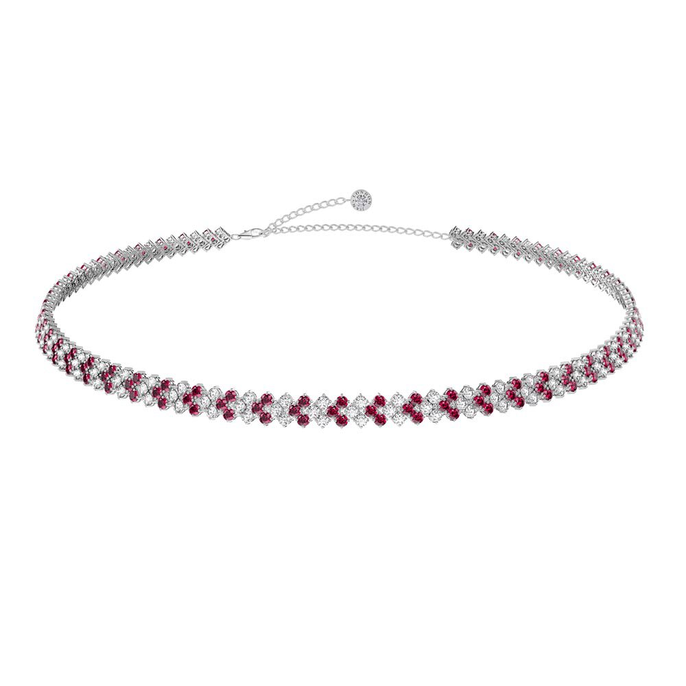 Eternity 20ct Ruby and Moissanite Three Row Platinum plated Silver Adjustable Choker Tennis Necklace
