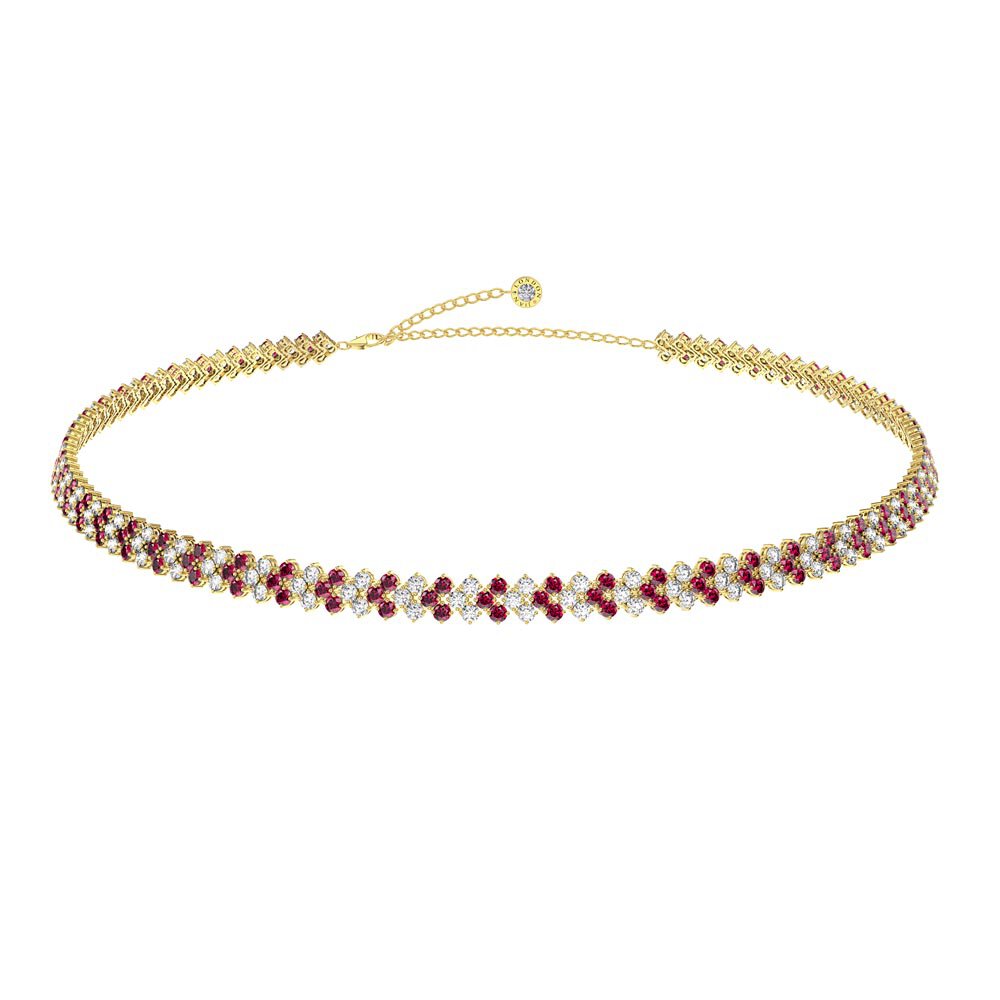 Eternity Three Row Ruby and Diamond CZ 18K Gold plated Silver Adjustable Choker Tennis Necklace