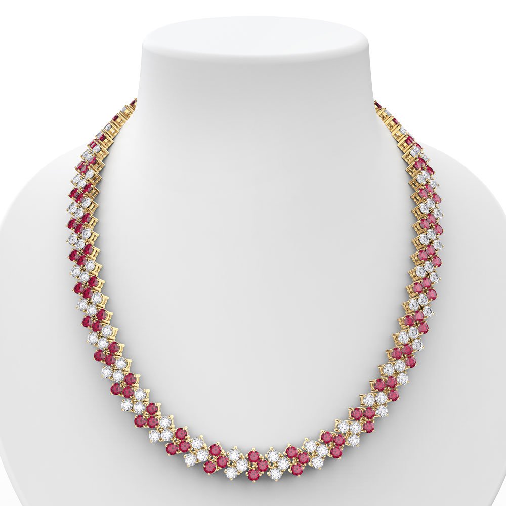 Eternity Three Row Ruby and Diamond CZ 18K Gold plated Silver Adjustable Choker Tennis Necklace