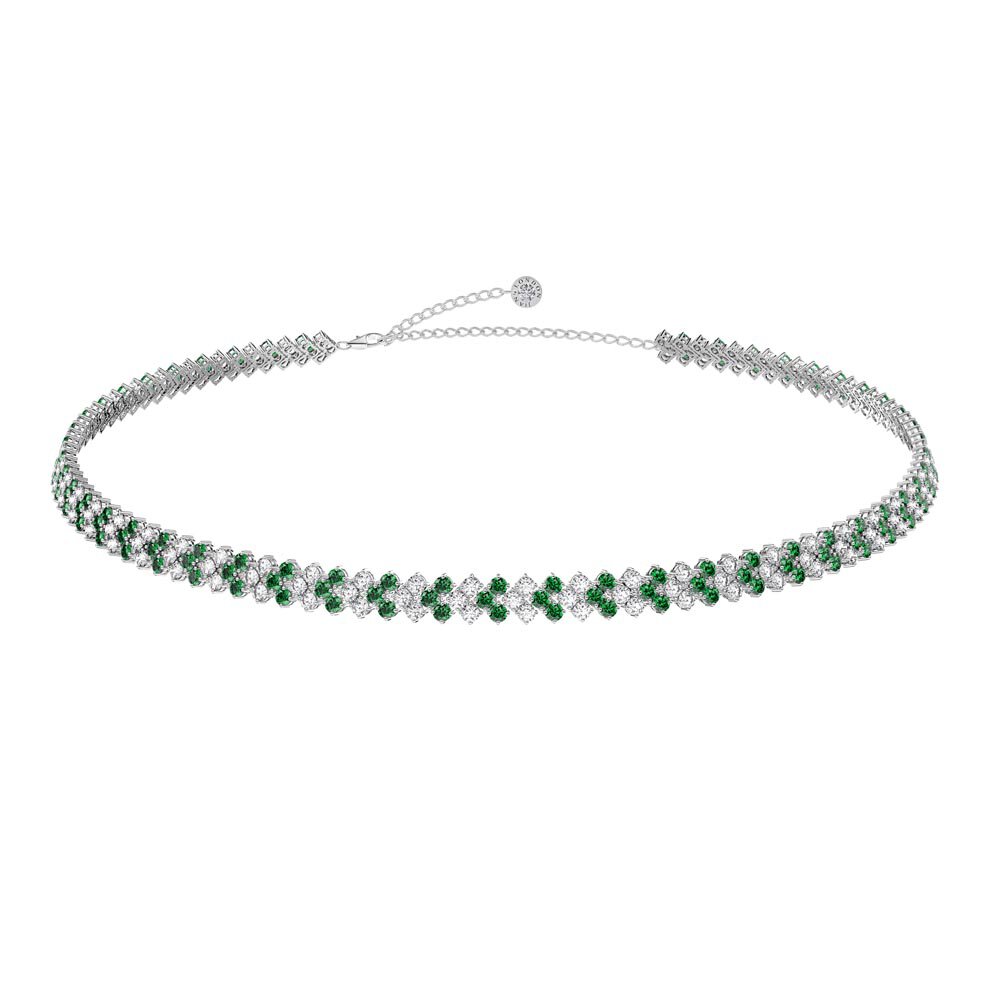 Eternity 20ct Emerald and Moissanite Three Row Platinum finished Silver Adjustable Choker Tennis Necklace