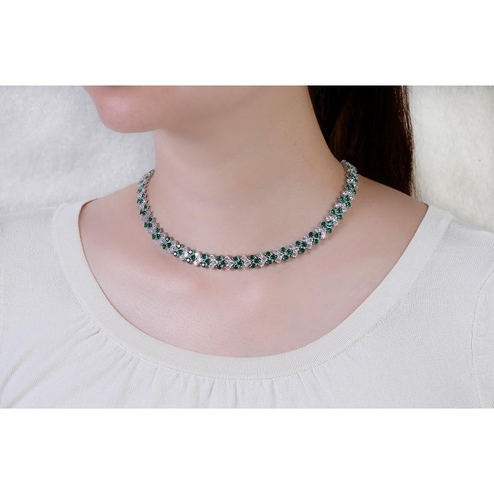 Eternity 20ct Emerald and Moissanite Three Row Platinum finished Silver Adjustable Choker Tennis Necklace #2