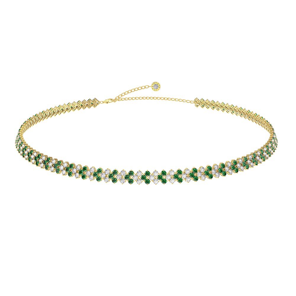 Eternity Three Row Emerald and Diamond CZ 18K Gold plated Silver Adjustable Choker Tennis Necklace