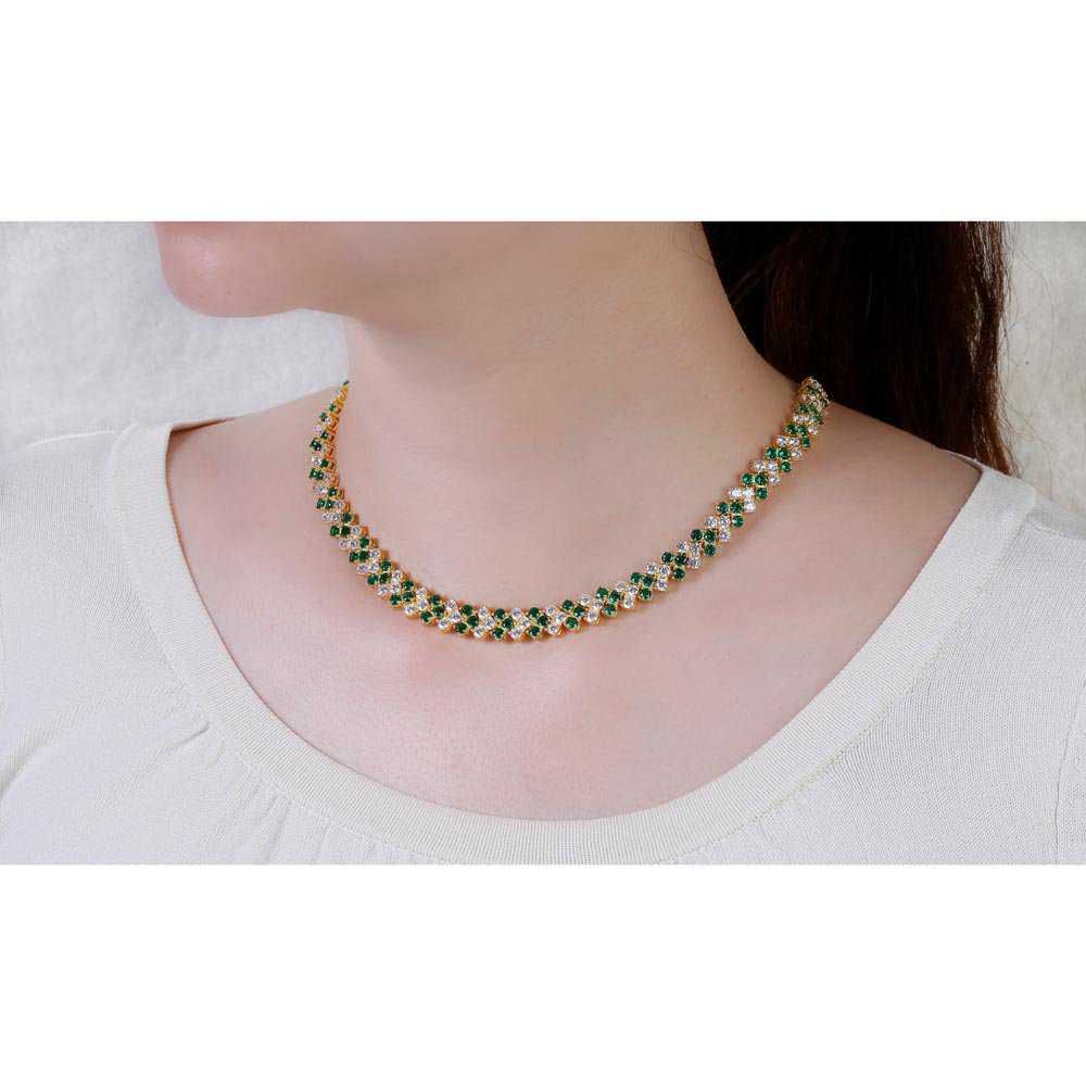 Eternity Three Row Emerald and Diamond CZ 18K Gold plated Silver Adjustable Choker Tennis Necklace #2