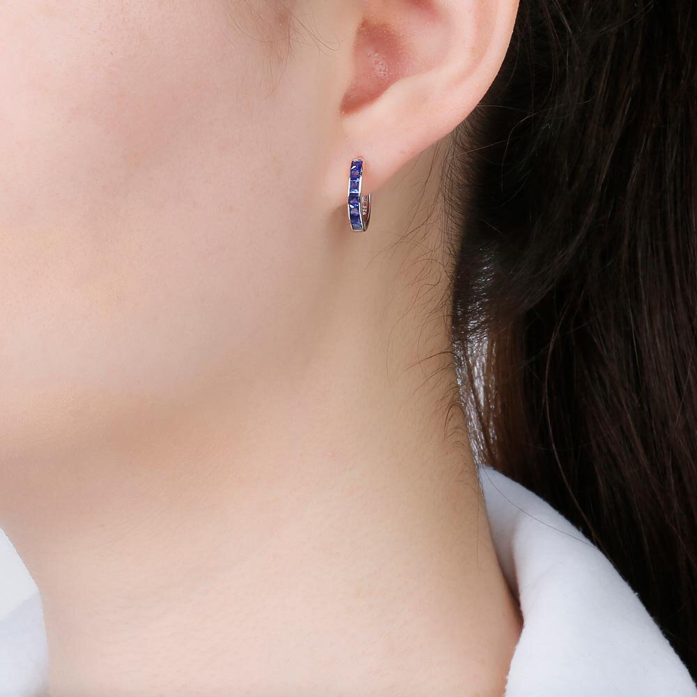 Princess Blue Sapphire 10K White Gold Hoop Earrings Small #2