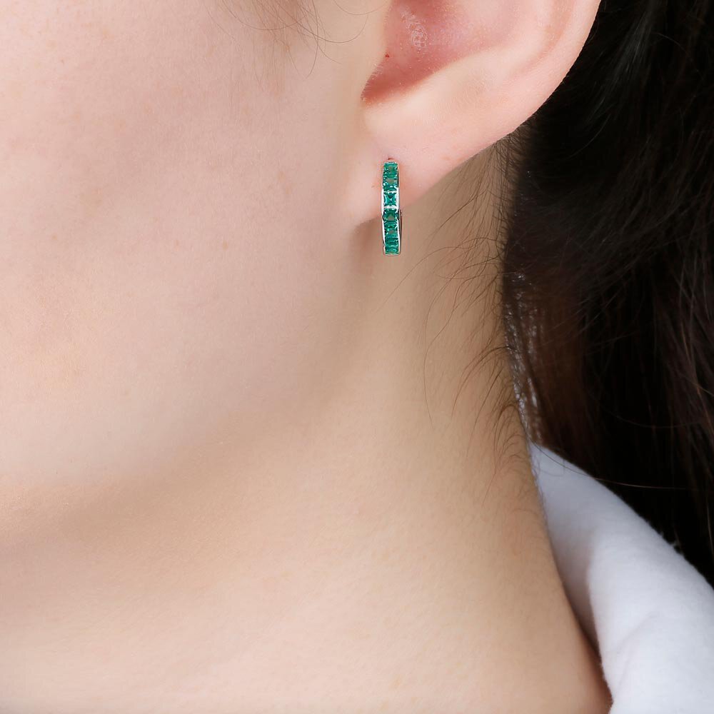 Princess Emerald 18K White Gold Hoop Earrings Small #2