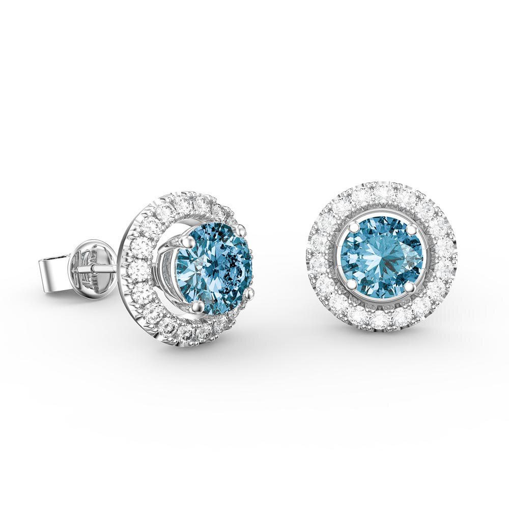 Fusion 1ct Swiss Blue Topaz Platinum Plated Silver Stud Earrings Halo Jacket Set #2