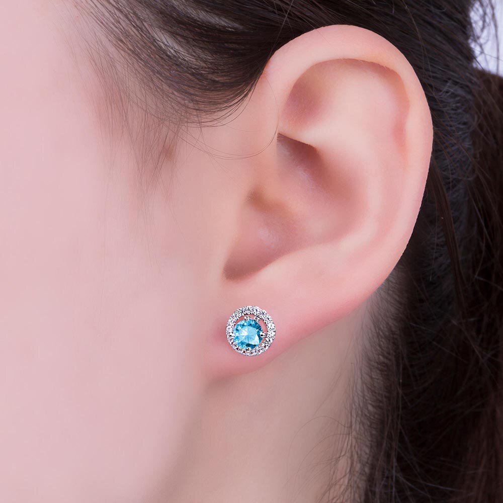 Fusion 1ct Swiss Blue Topaz Platinum Plated Silver Stud Earrings Halo Jacket Set #3