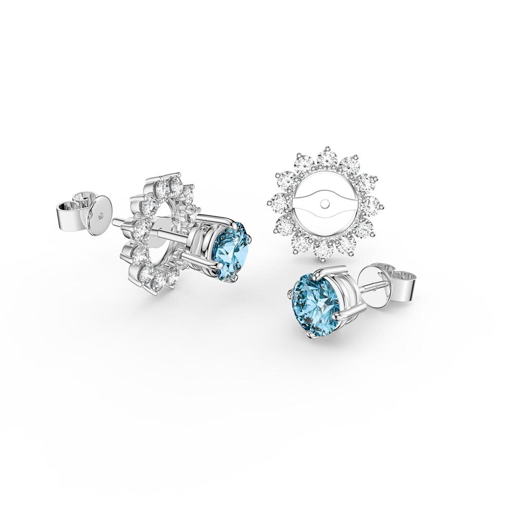 Fusion 1ct Swiss Blue Topaz Lab Diamonds 18K White Gold Stud Earrings Starburst Halo Jacket Set