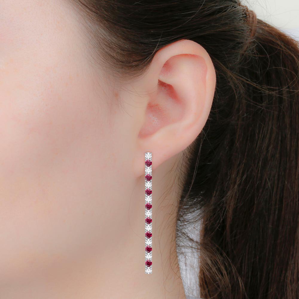 Eternity Ruby and White Sapphire Platinum Plated Silver Line Drop Earrings #2