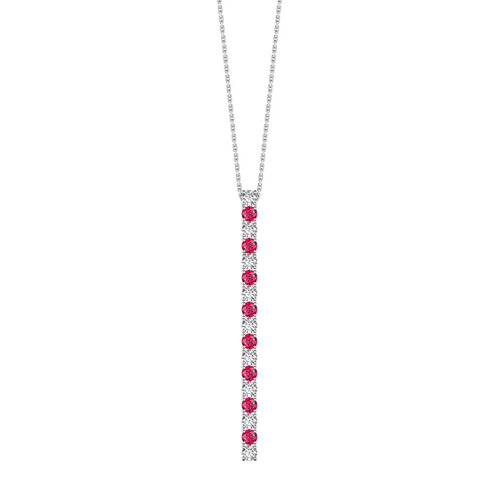 Eternity Ruby and Moissanite Platinum Plated Silver Line Drop Pendant Necklace