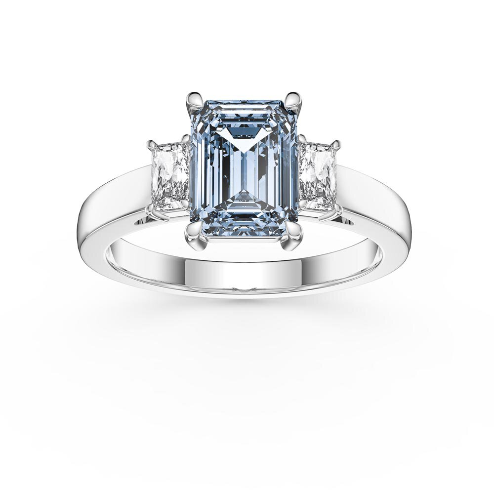 Princess 1.5ct Emerald Cut Aquamarine 18K White Gold Moissanite Three Stone Engagement Ring