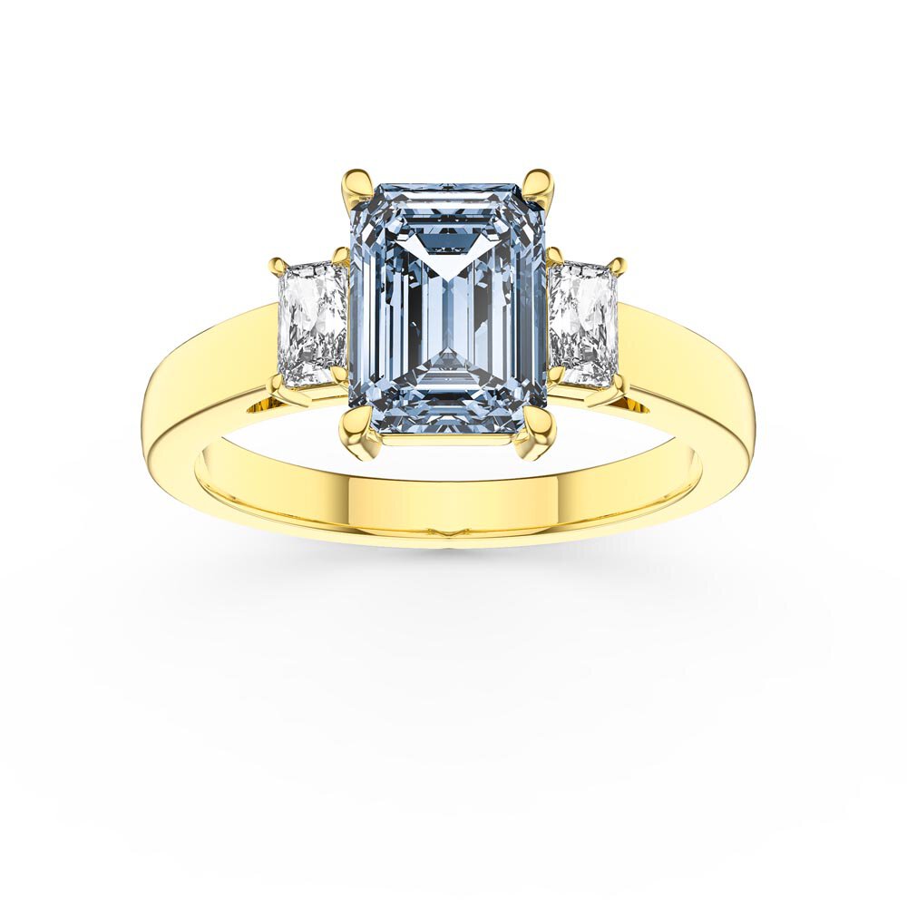 Princess 1.5ct Emerald Cut Aquamarine 18K Yellow Gold Diamond Three Stone Engagement Ring