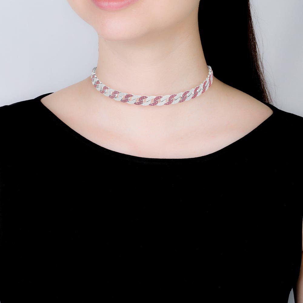 Infinity Ruby and White Sapphire Platinum plated Silver Pave Link Choker Necklace #4