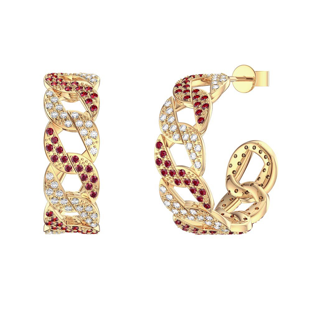 Infinity Ruby and White Sapphire 18K Gold Vermeil Pave Link Hoop Earrings