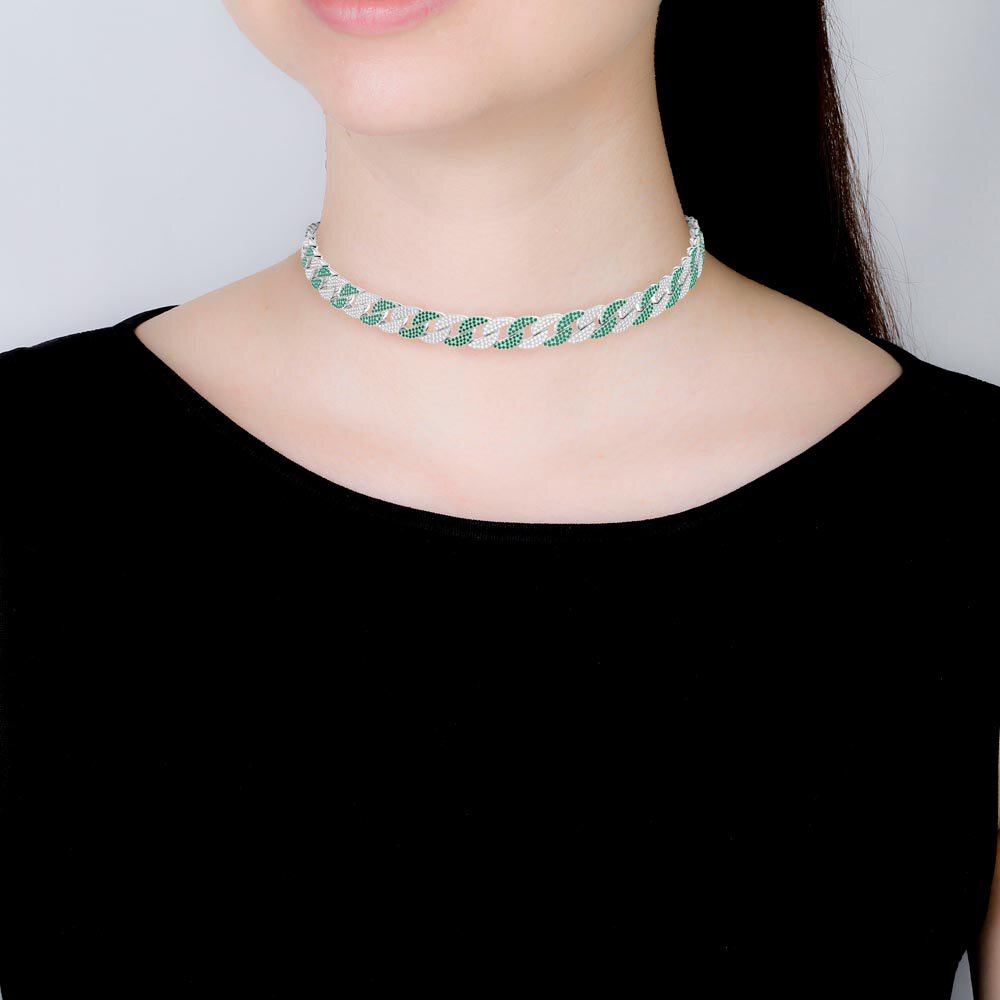 Infinity Emerald and White Sapphire Platinum plated Silver Pave Link Choker Necklace #4