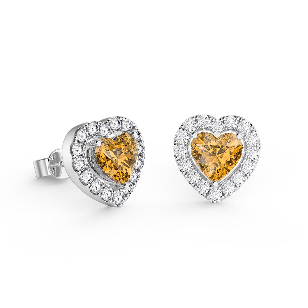 Charmisma Citrine Heart and White Sapphire Platinum Plated Silver Stud Earrings Halo Jacket Set #2