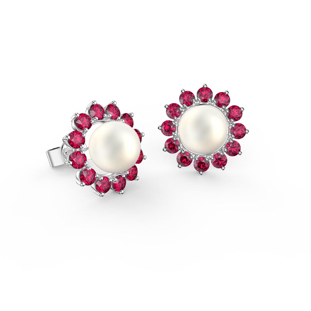 Fusion Pearl Platinum plated Silver Stud Ruby Earrings Halo Jacket Set #2
