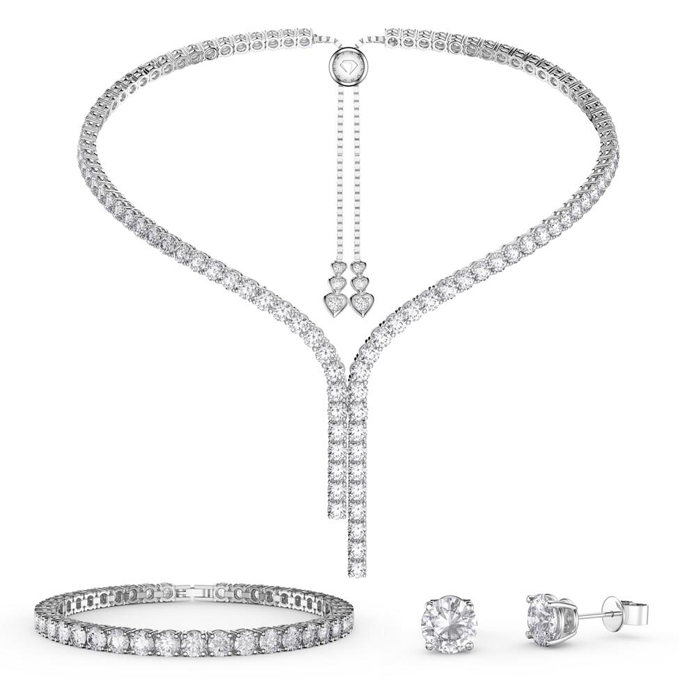 Eternity Asymmetric Drop Diamond CZ Rhodium plated Silver Jewelry Set