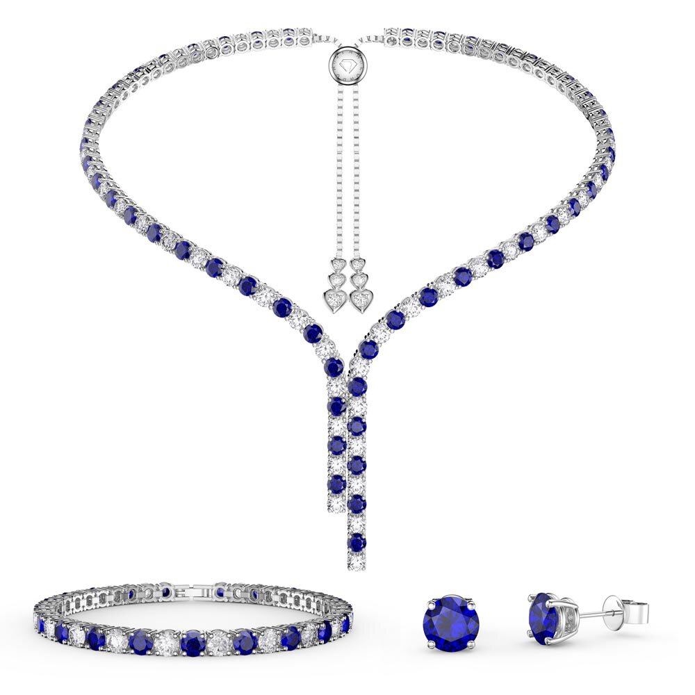 Eternity Asymmetric Drop Sapphire and Diamond CZ Rhodium plated Silver Jewelry Set