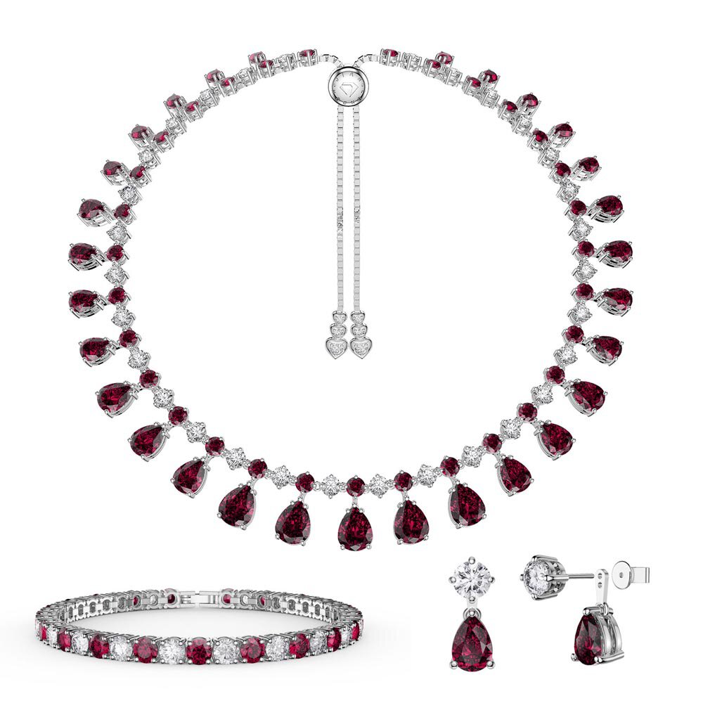 Princess Graduated Pear Drop Ruby Rhodium plated Silver Choker Jewelry Set