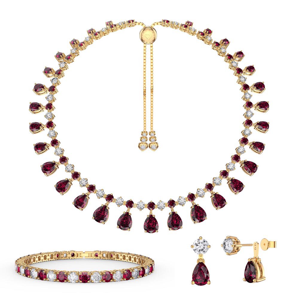 Princess Graduated Pear Drop Ruby 18K Gold Vermeil Choker Jewelry Set