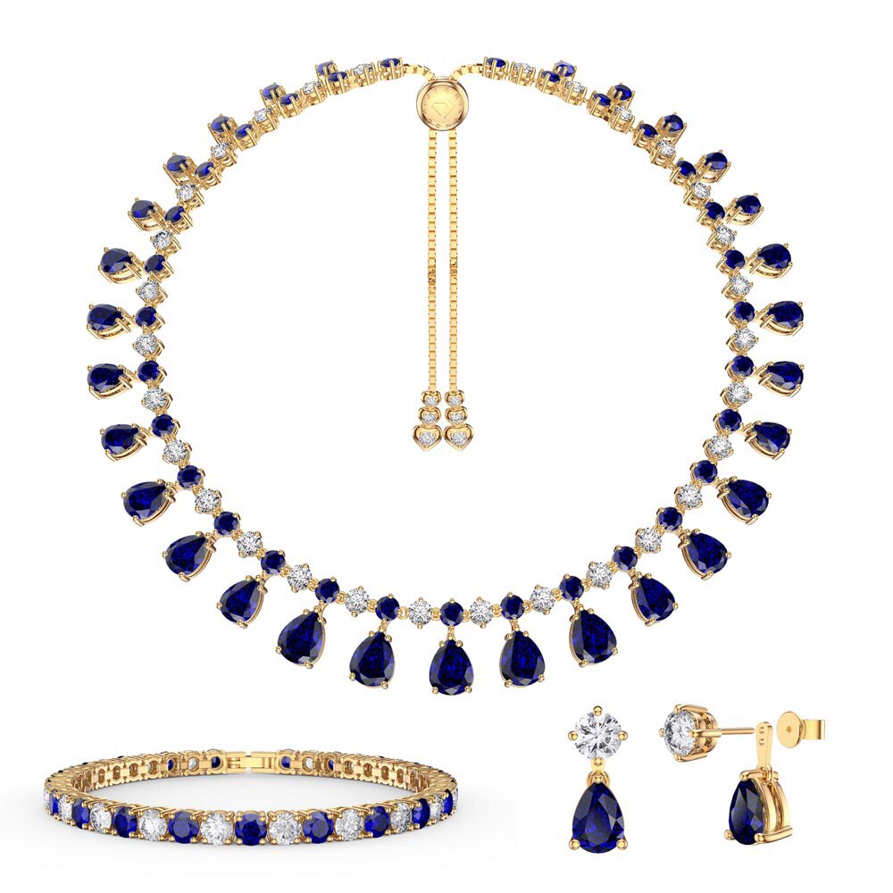 Princess Graduated Pear Drop Blue and White Sapphire 18K Gold Vermeil Choker Tennis Necklace Jewelry Set