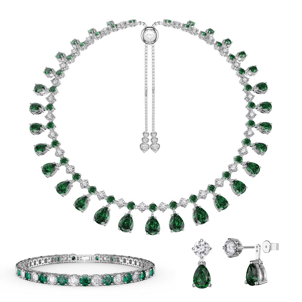 Princess Graduated Pear Drop Emerald Platinum plated Silver Choker Tennis Necklace Jewelry Set