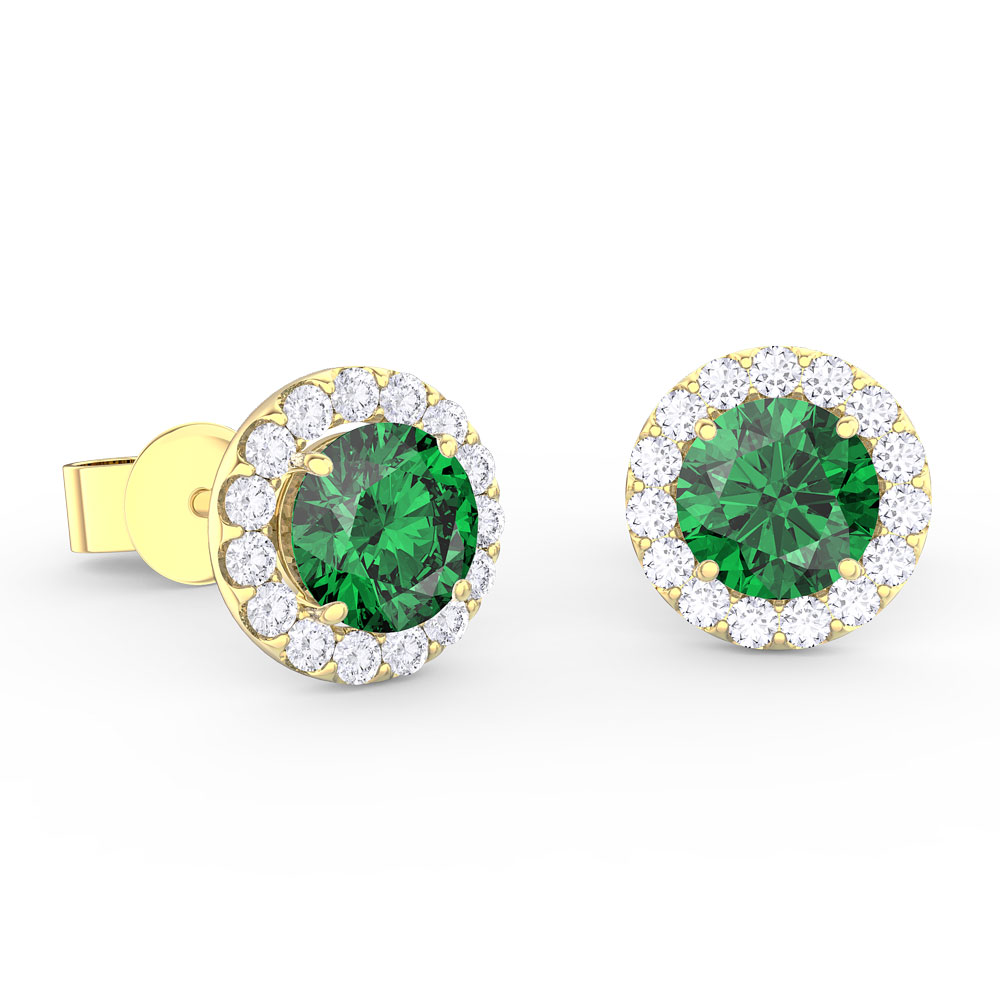 Eternity 1ct Emerald and Diamond Halo 18K Yellow Gold Stud Earrings
