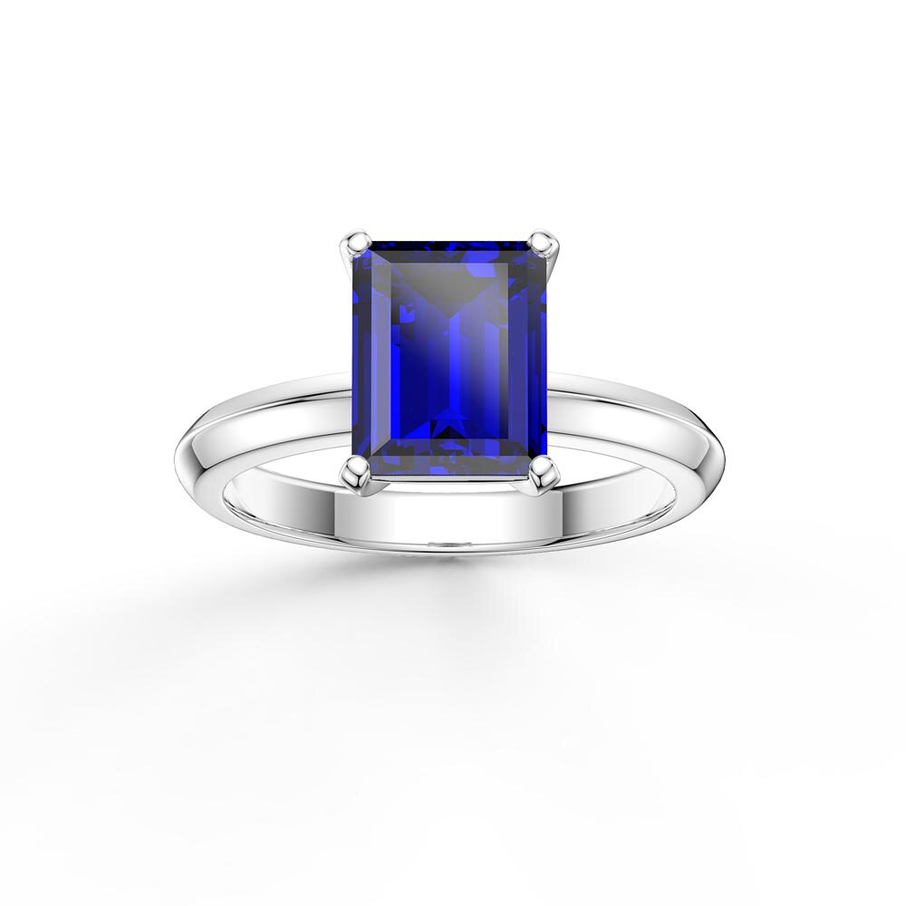 Unity 2ct Blue Sapphire Emerald Cut Solitaire Platinum plated Silver Promise Ring