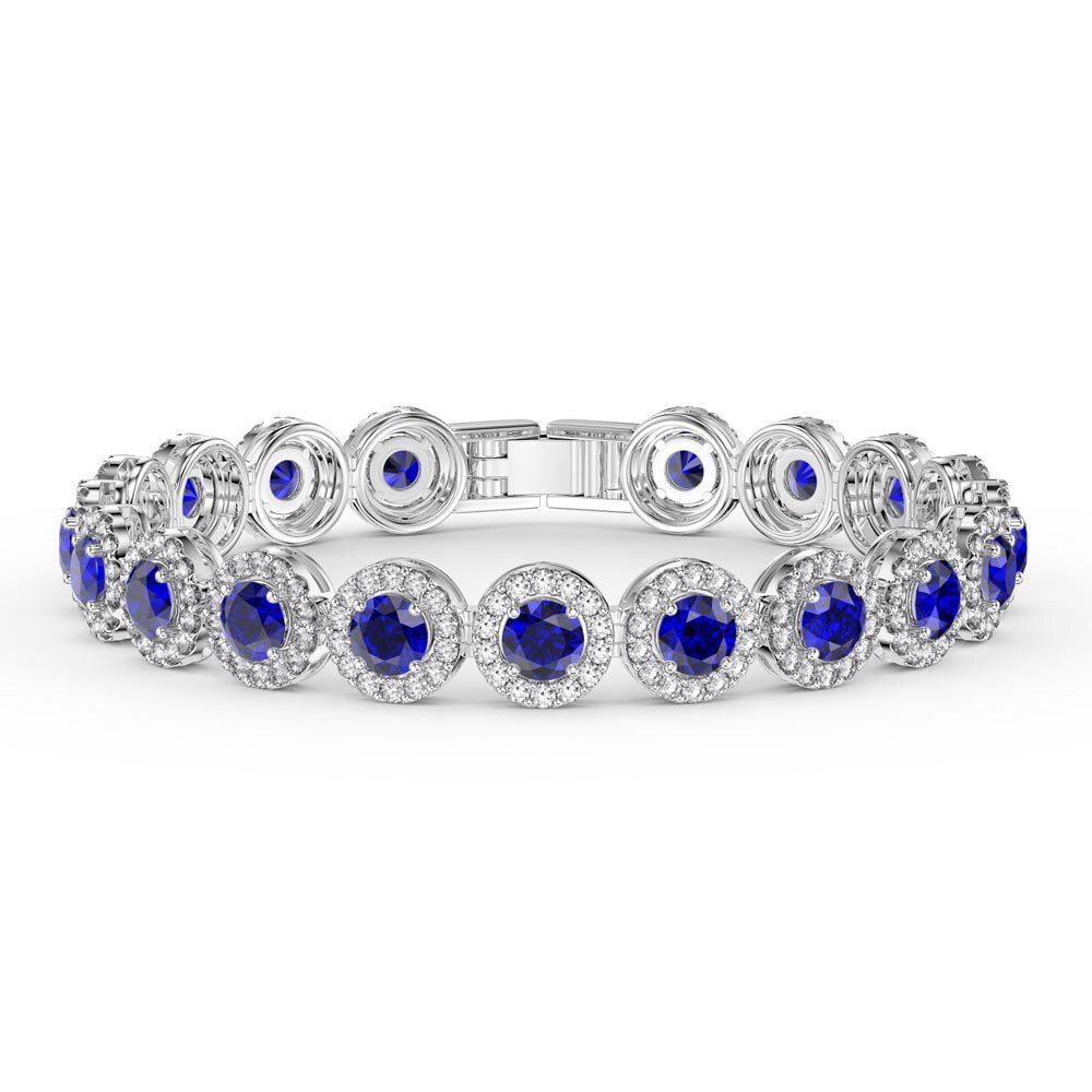 Eternity Blue Sapphire Round Halo Platinum plated Silver Tennis Bracelet