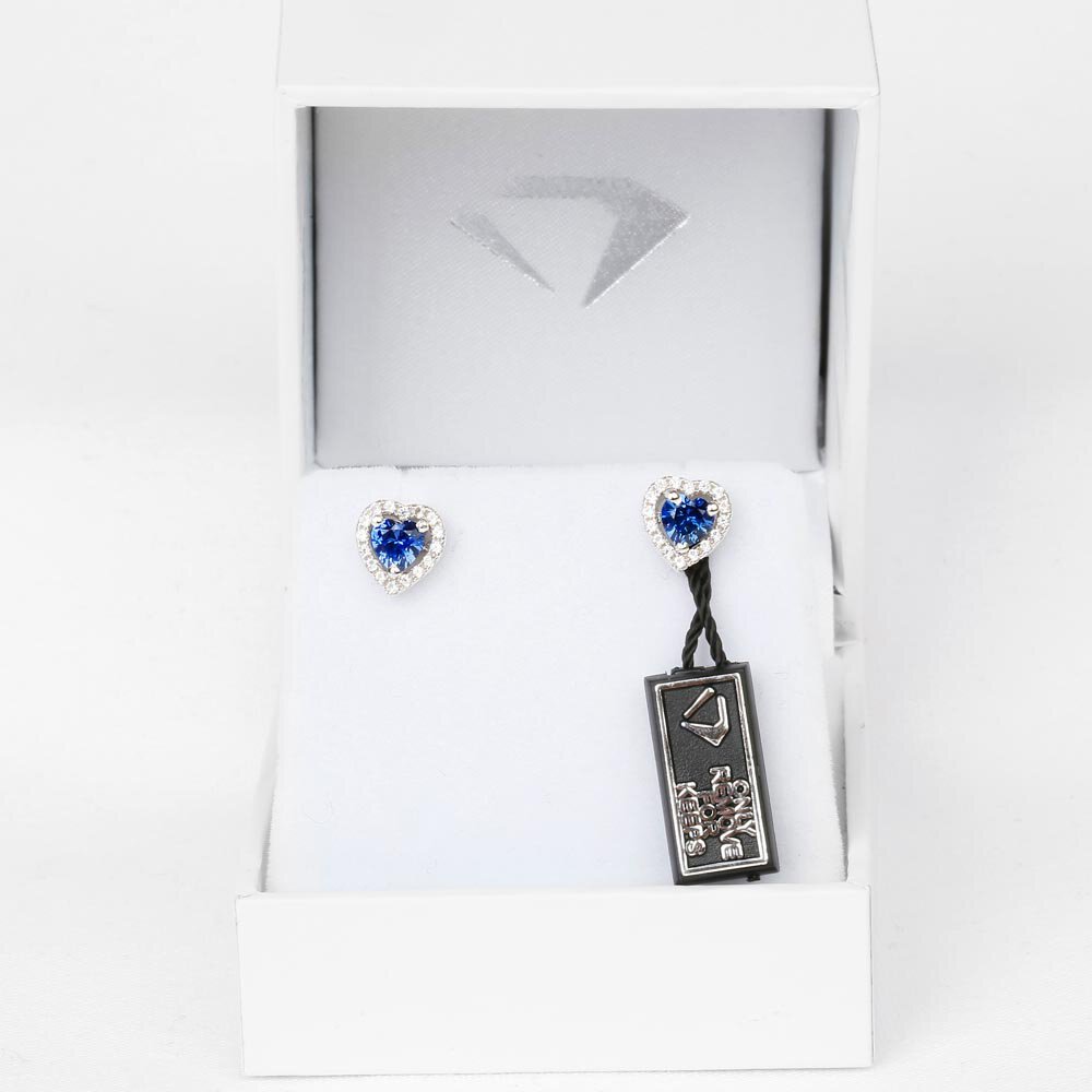 Charmisma Heart Blue Sapphire and Moissanite 18K White Gold Stud Earrings Halo Jacket Set #5