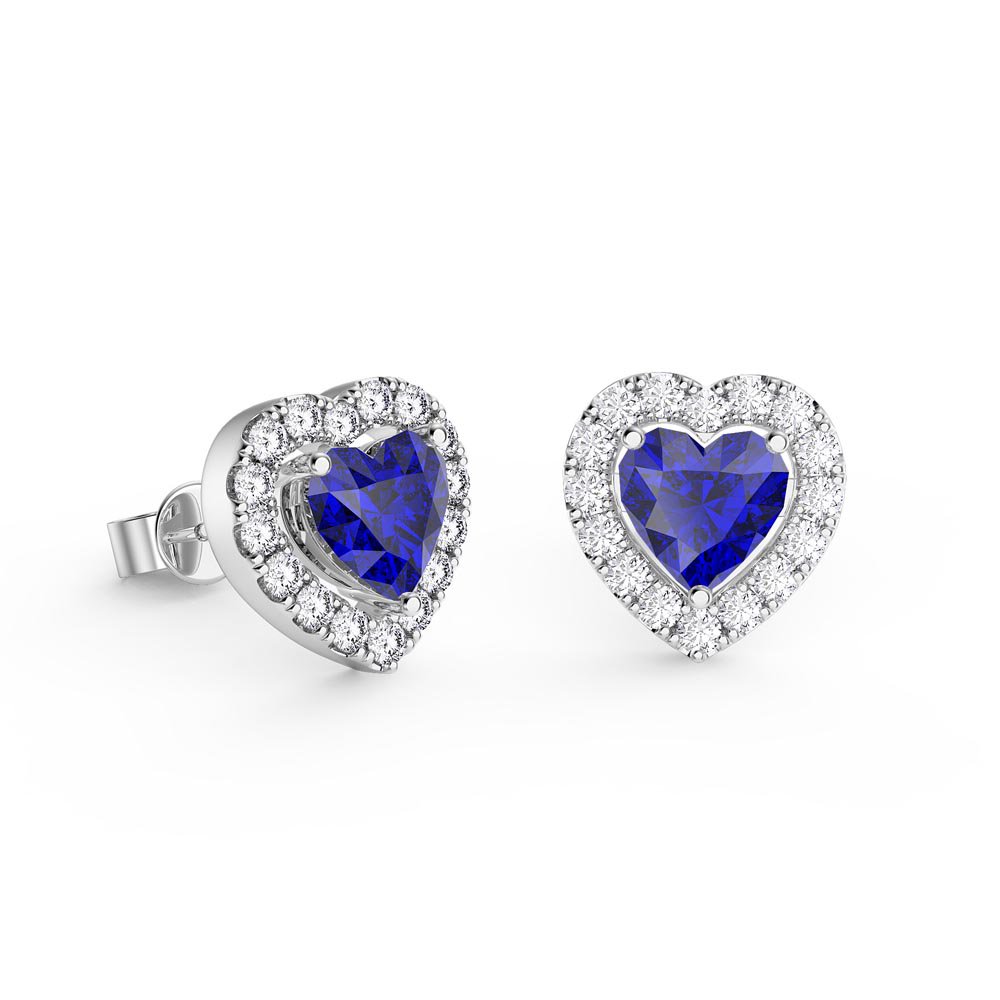 Charmisma Heart Blue Sapphire and Moissanite 18K White Gold Stud Earrings Halo Jacket Set #2