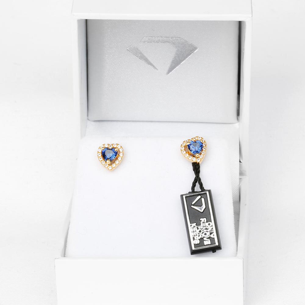 Charmisma Heart Blue Sapphire and Moissanite 18K Yellow Gold Stud Earrings Halo Jacket Set #5