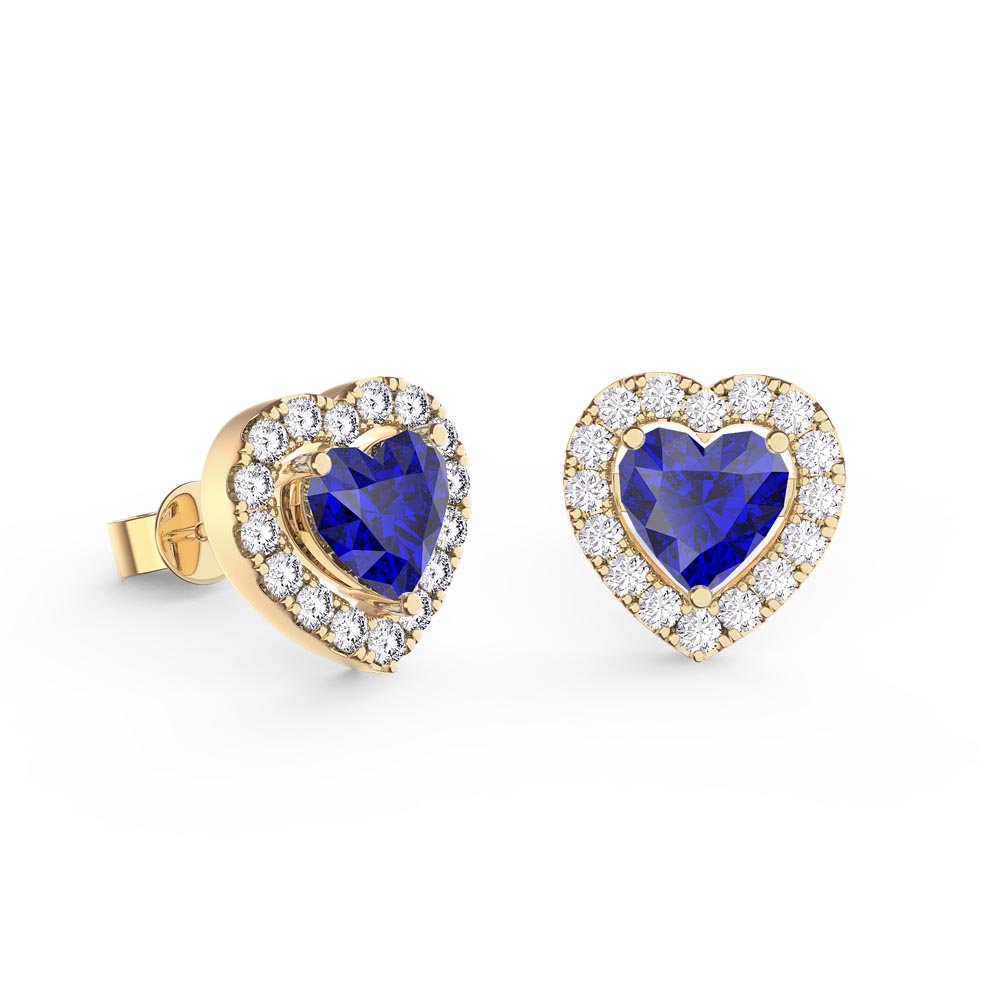 Charmisma Heart Blue Sapphire and Moissanite 18K Yellow Gold Stud Earrings Halo Jacket Set #2