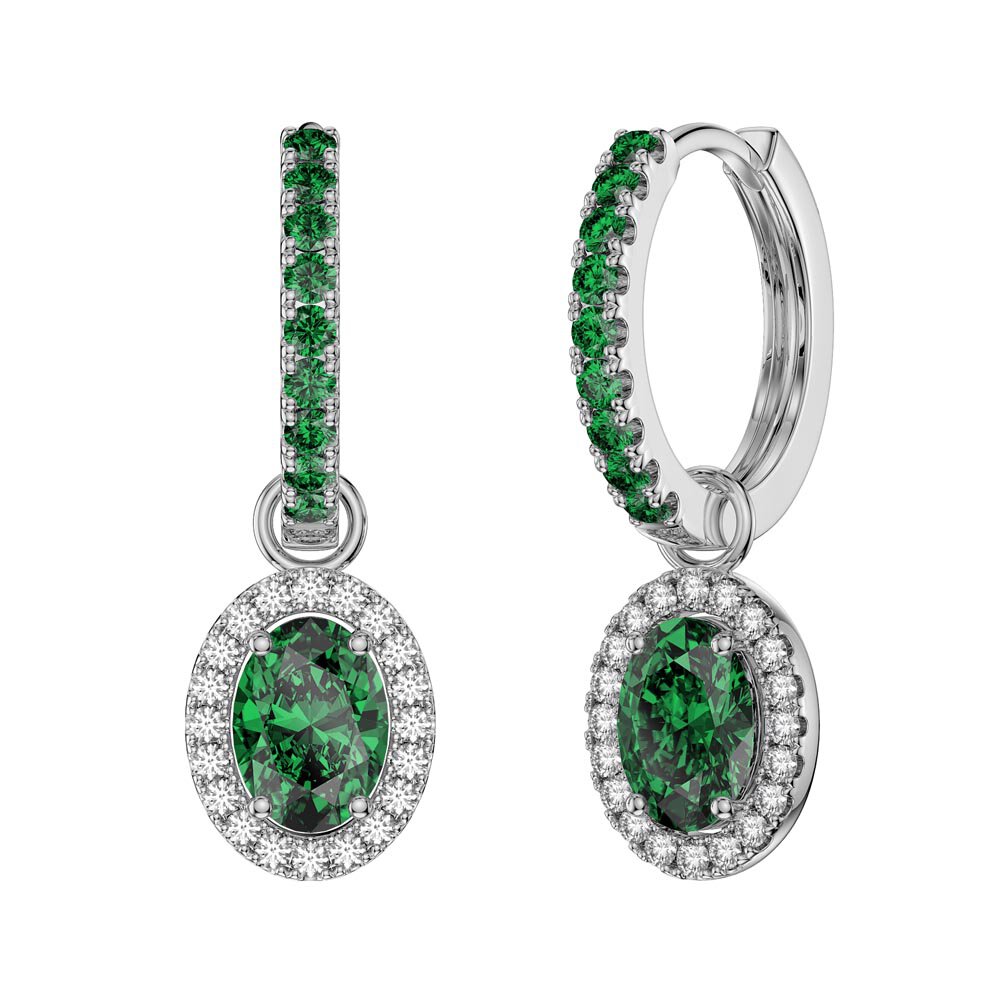Eternity 1.5ct Emerald Oval Halo Platinum plated Silver Interchangeable Hoop Dorp Set #6