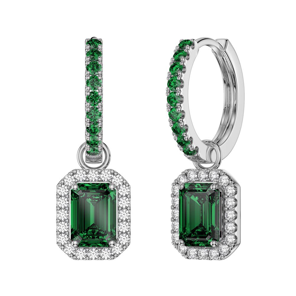 Princess 2ct Emerald Emerald Cut Halo Platinum plated Silver Interchangeable Hoop Drop Set #6