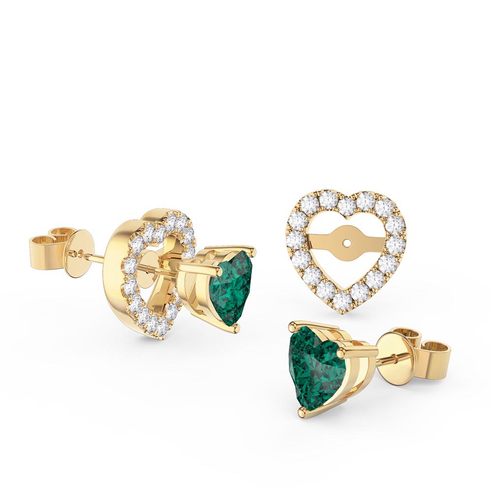 Charmisma Heart Emerald  and Diamond 18K Yellow Gold Stud Earrings Halo Jacket Set