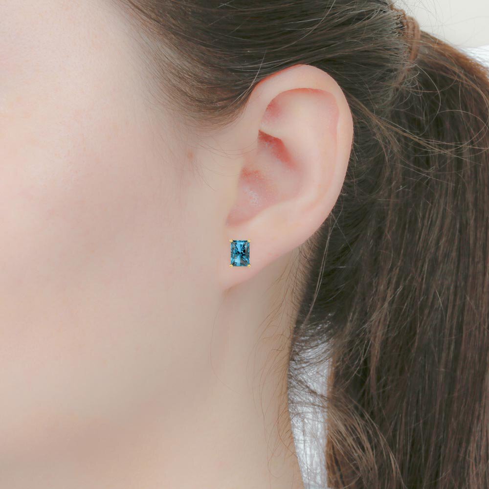 Princess 2ct Emerald Cut Swiss Blue Topaz 18K Gold Vermeil Stud Earrings #2