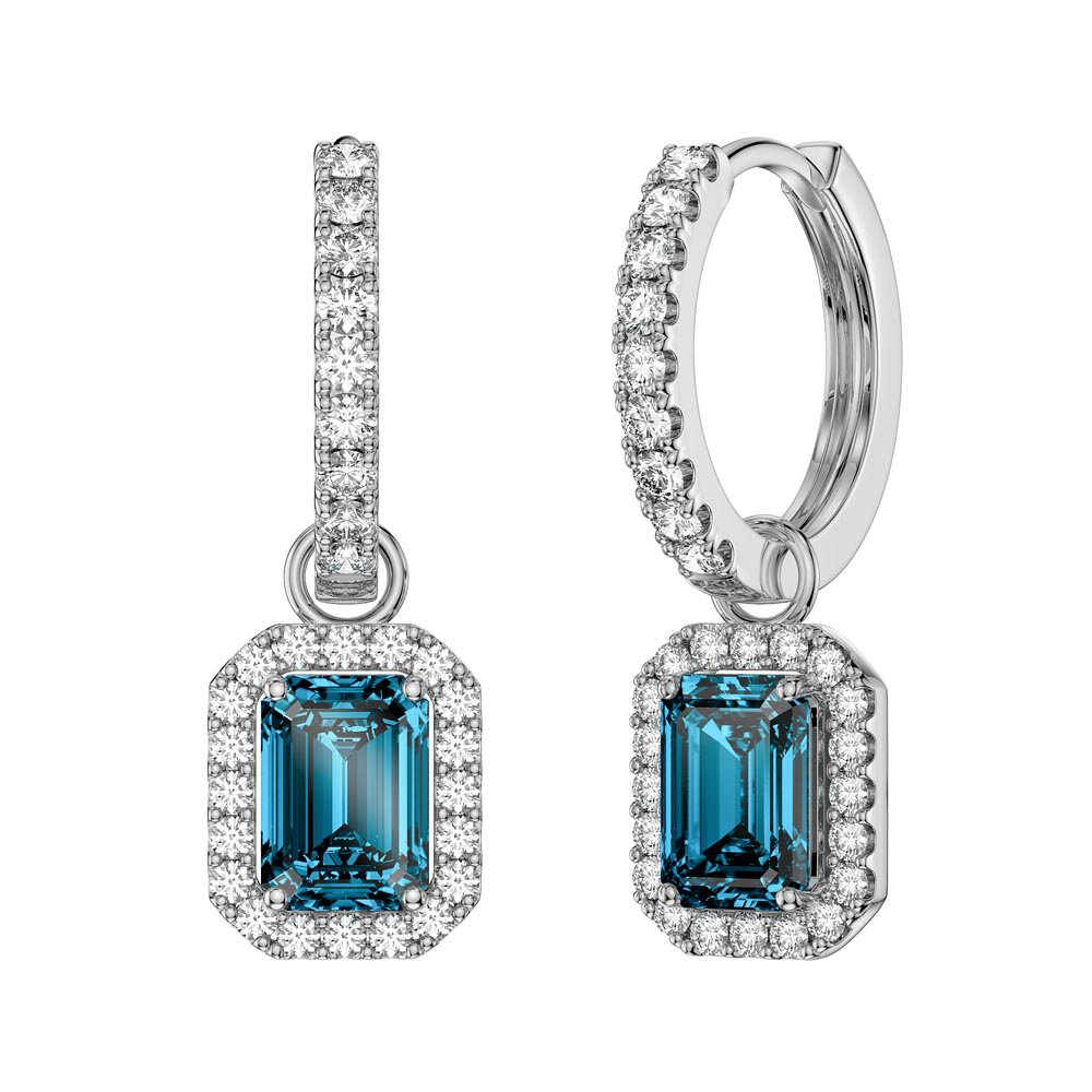 Princess 2ct Swiss Blue Topaz Emerald Cut Halo Platinum plated Silver Interchangeable Earring Drops #5