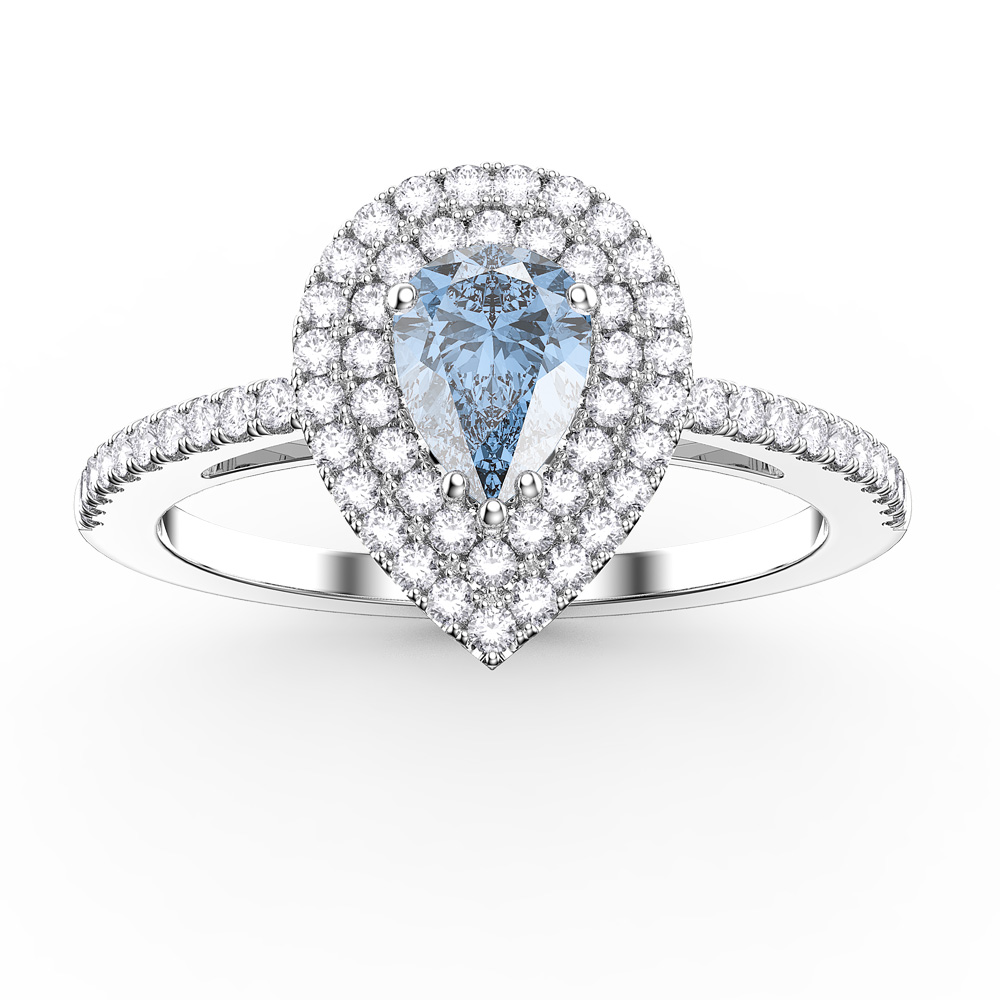 Fusion Aquamarine and Diamond Pear Halo Platinum Ring