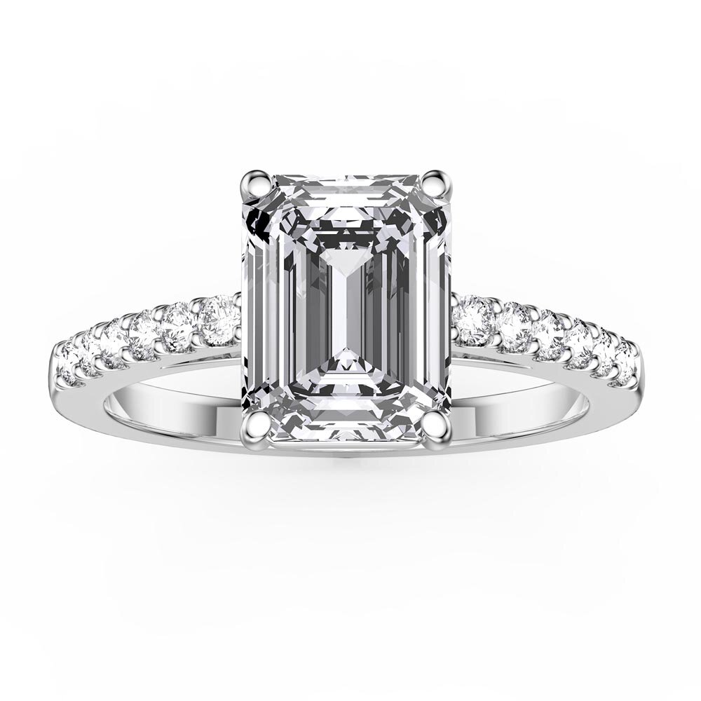 Princess 2ct Moissanite Emerald Cut Pave Platinum plated Silver Promise ring