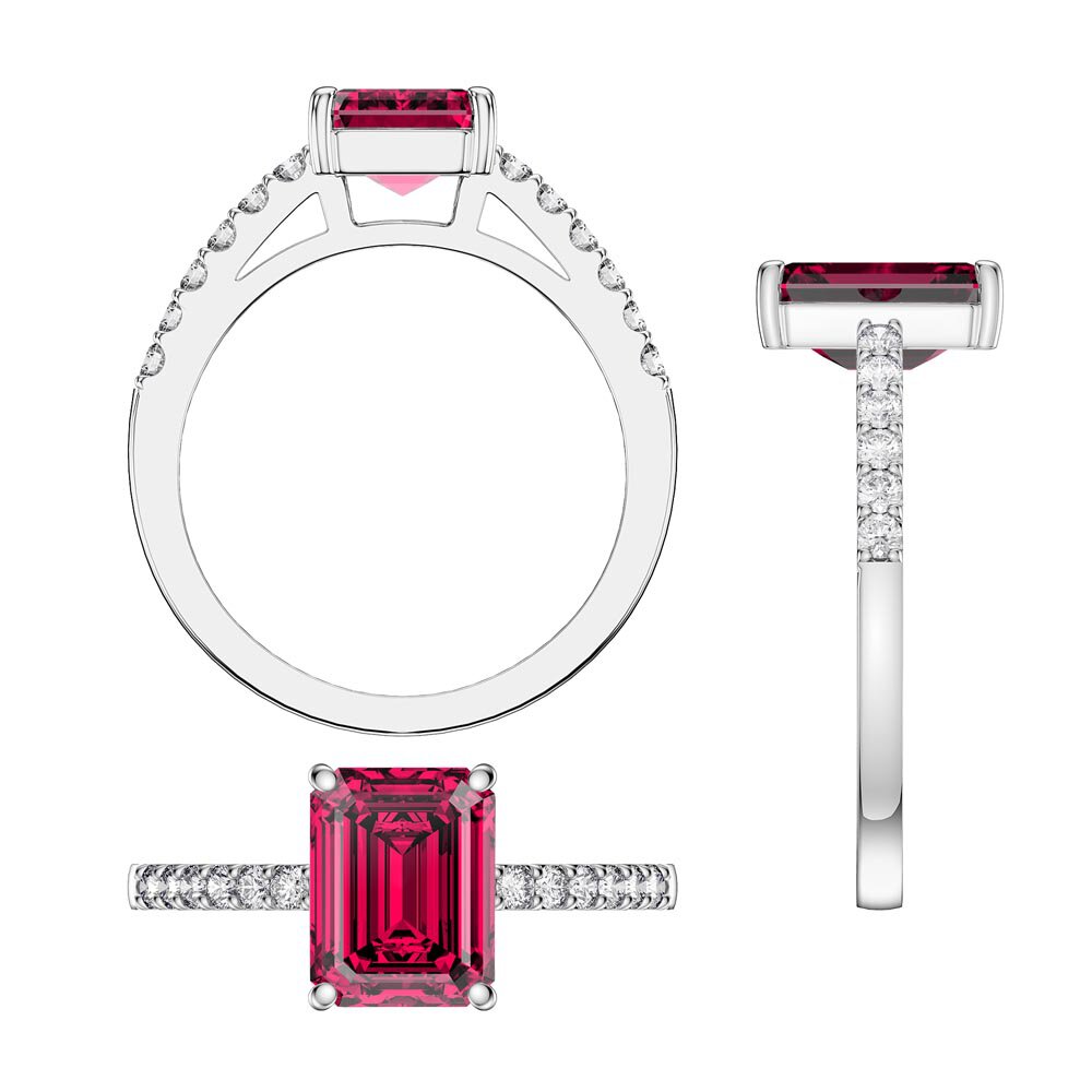 Princess 2ct Ruby Emerald Cut Diamond Pave 18K White Gold Proposal ring #3