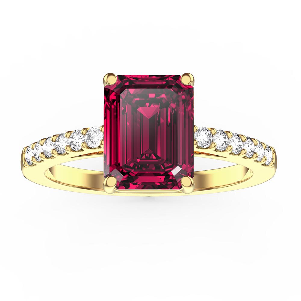 Princess 2ct Ruby Emerald Cut Moissanite Pave 18K Yellow Gold Proposal ring