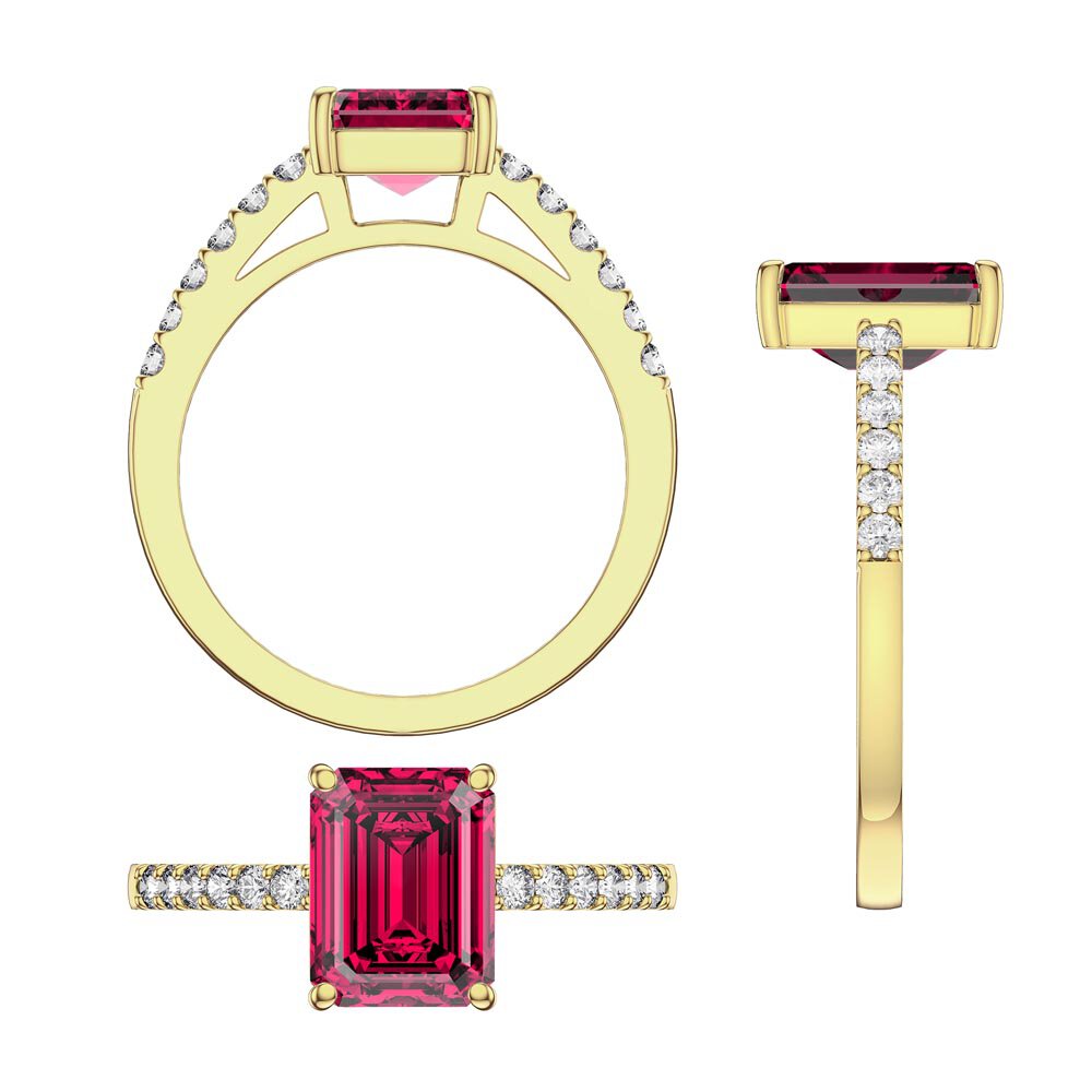 Princess 2ct Ruby Emerald Cut Diamond Pave 18K Yellow Gold Proposal ring #3