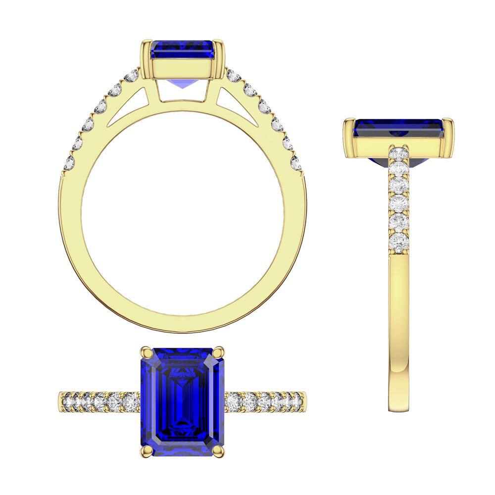 Princess 2ct Sapphire Emerald Cut Diamond Pave 18K Yellow Gold Proposal ring #3