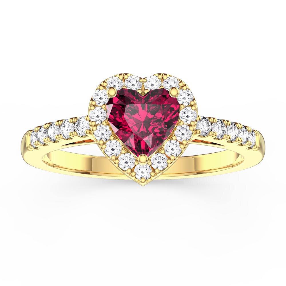 Eternity 1ct Ruby Heart Moissanite Halo 18K Yellow Gold Engagement Ring