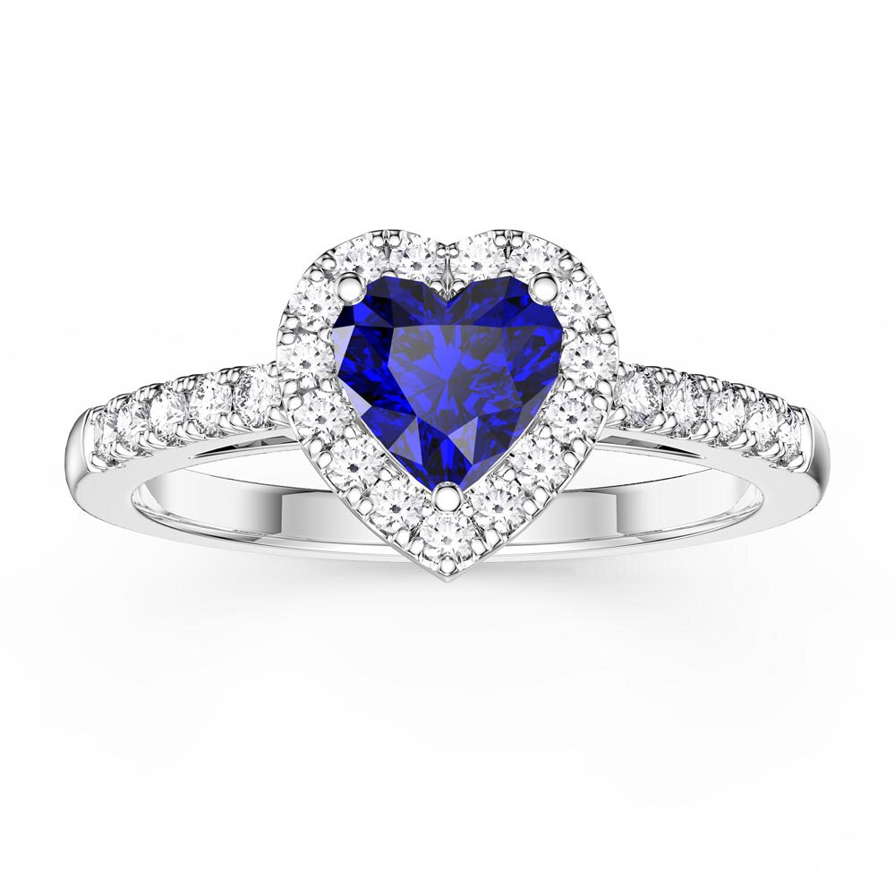 Eternity 1ct Sapphire Heart Moissanite Halo 18K White Gold Engagement Ring